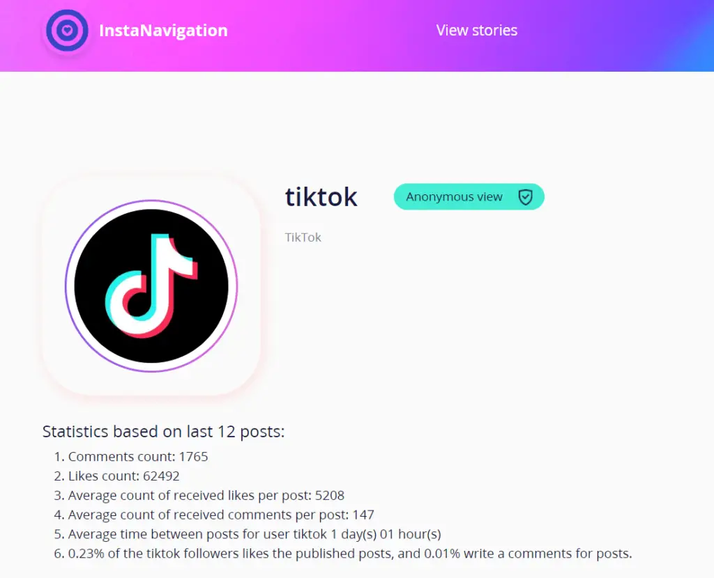 TikTok Instagram Stats on Insta Navigation