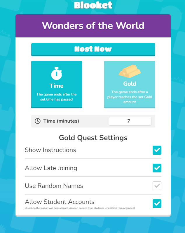 Gold Question Settings with Host Now Button