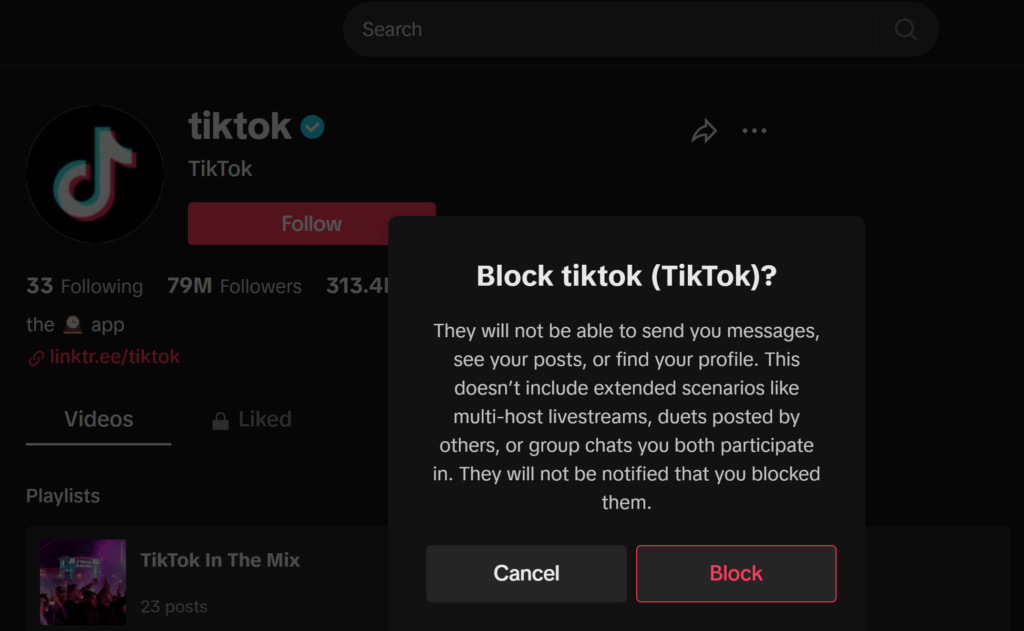 TikTok Block Confirmation on Desktop